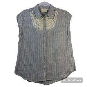 Maeve Anthropologie  Linen Camp Shirt Blue White Crochet Lace Size XS